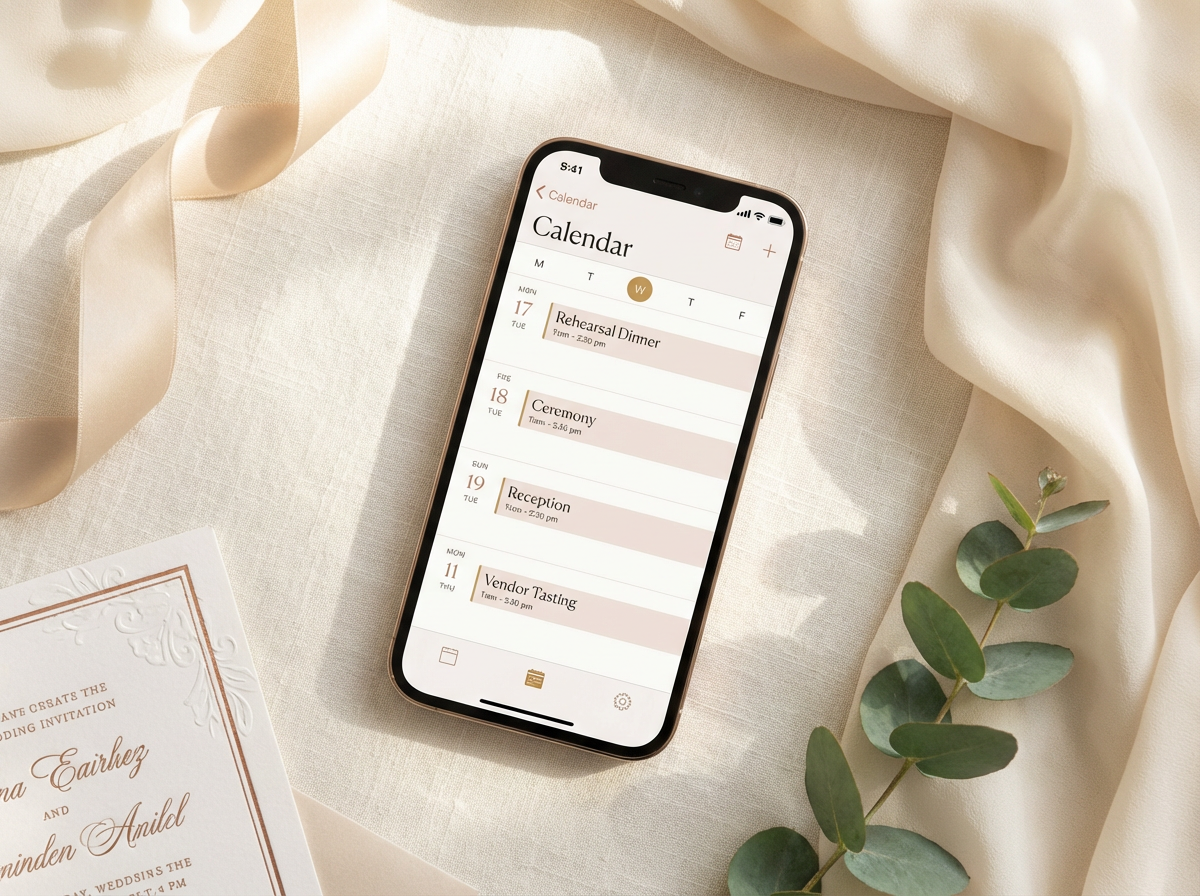 iPhone showing Google Calendar with wedding events highlighted in rose gold, elegant workspace