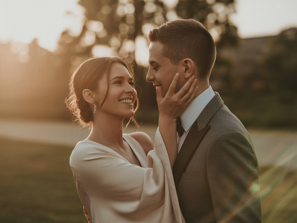 Intimate candid moment of a happy wedding couple in warm golden light
