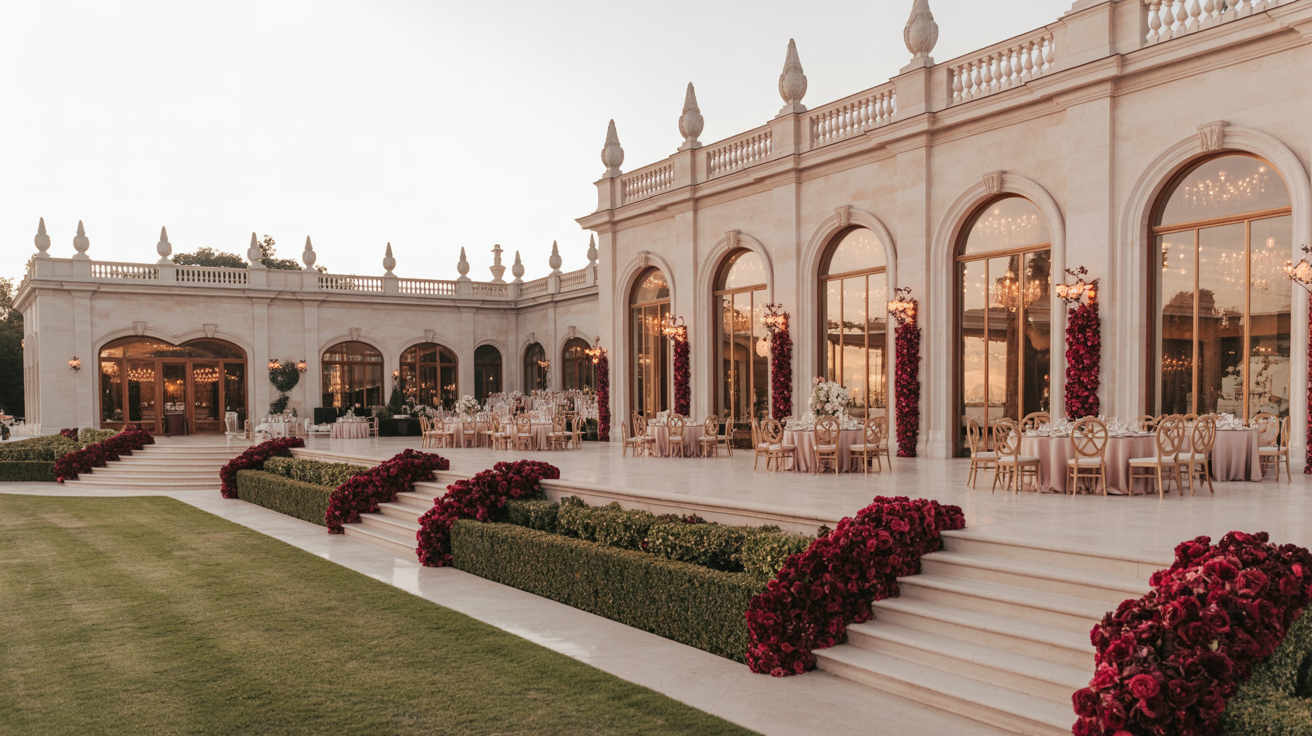 Stunning luxury wedding venue with grand estate and garden architecture