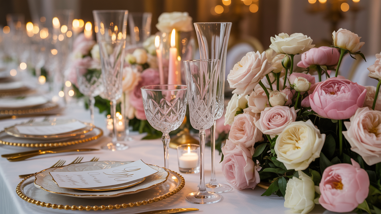 Elegant luxury wedding reception with guest tables, place cards, and crystal glasses
