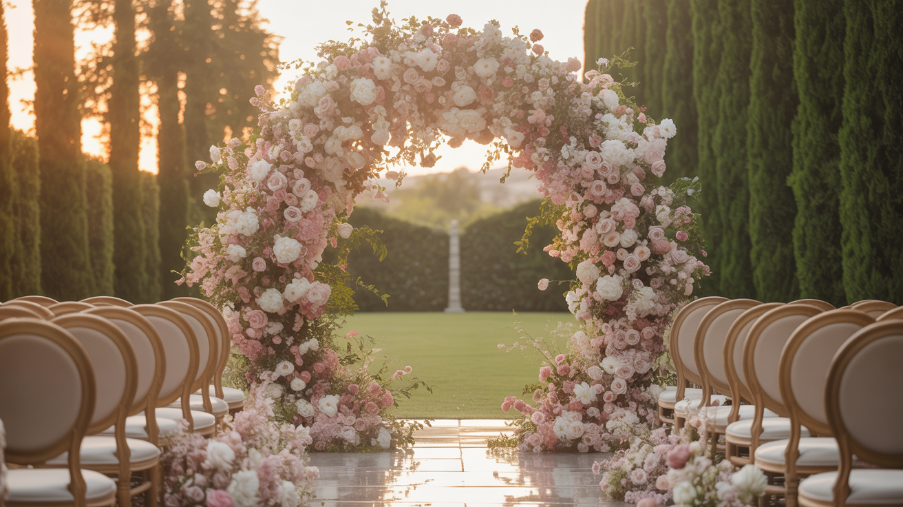 Breathtaking luxury wedding ceremony in a garden with floral arch at golden hour