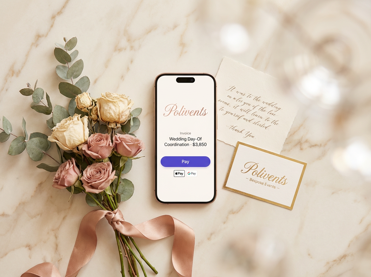 iPhone showing an elegant wedding invoice with Pay Now button, rose gold palette, held over a marble desk