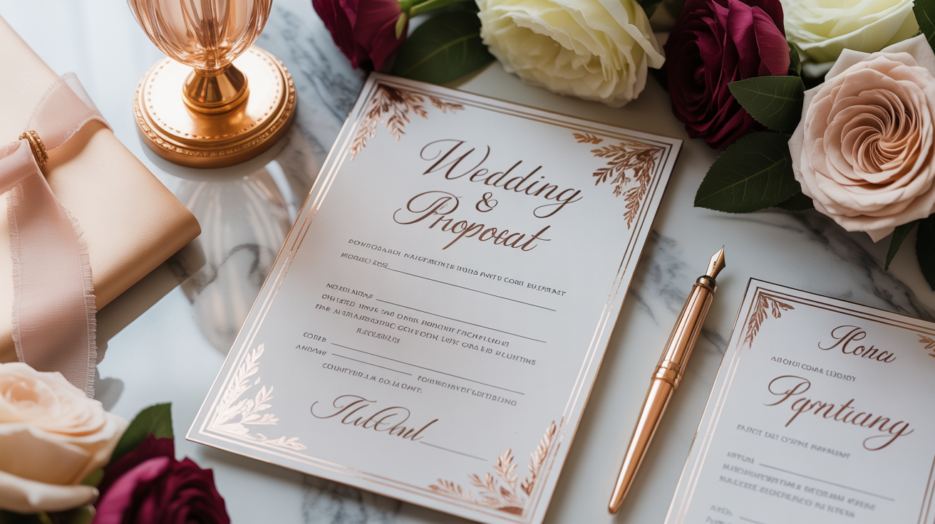 Luxury wedding planning documents and proposal on elegant marble desk