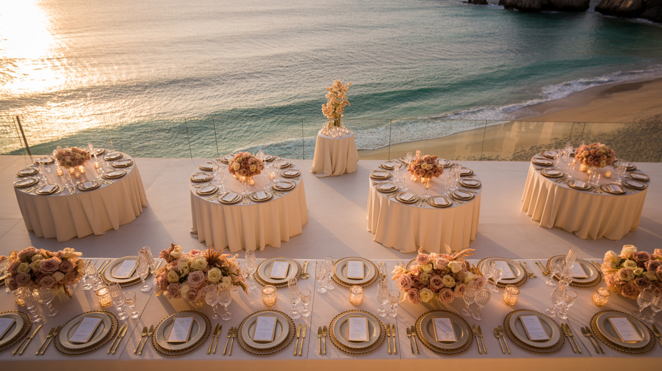 Overhead view of elegant destination wedding reception tables set with floral centerpieces and gold details overlooking the ocean in Los Cabos