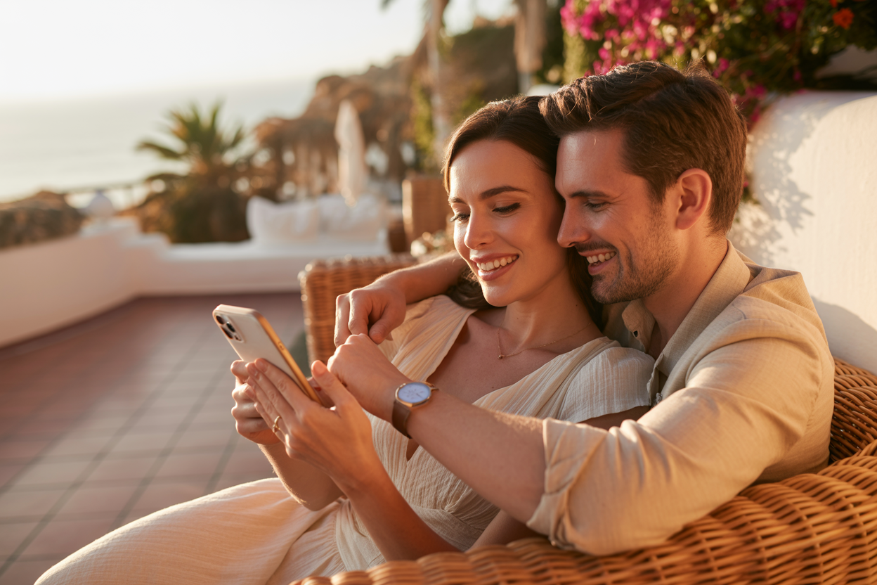 Beautiful couple reading a heartfelt thank-you email on a phone at sunset, rose gold tones