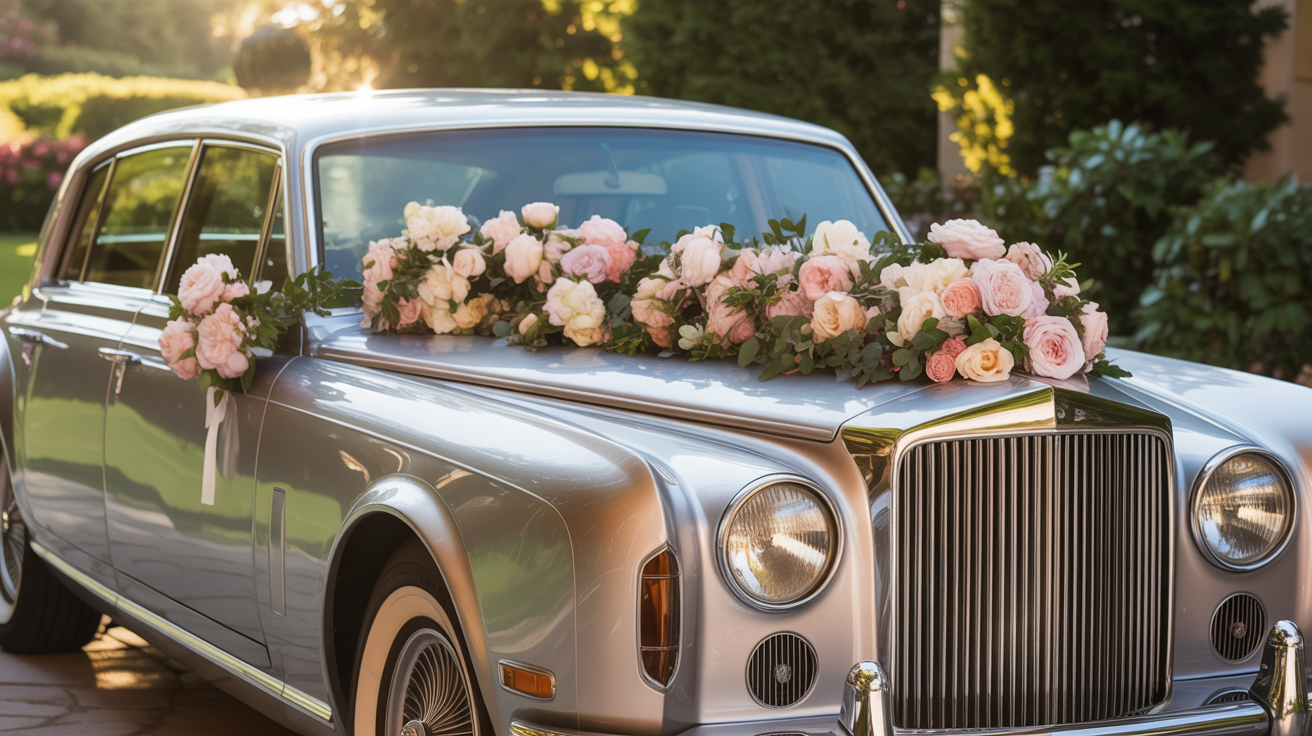 Elegant vintage luxury car decorated with wedding flowers in warm golden light
