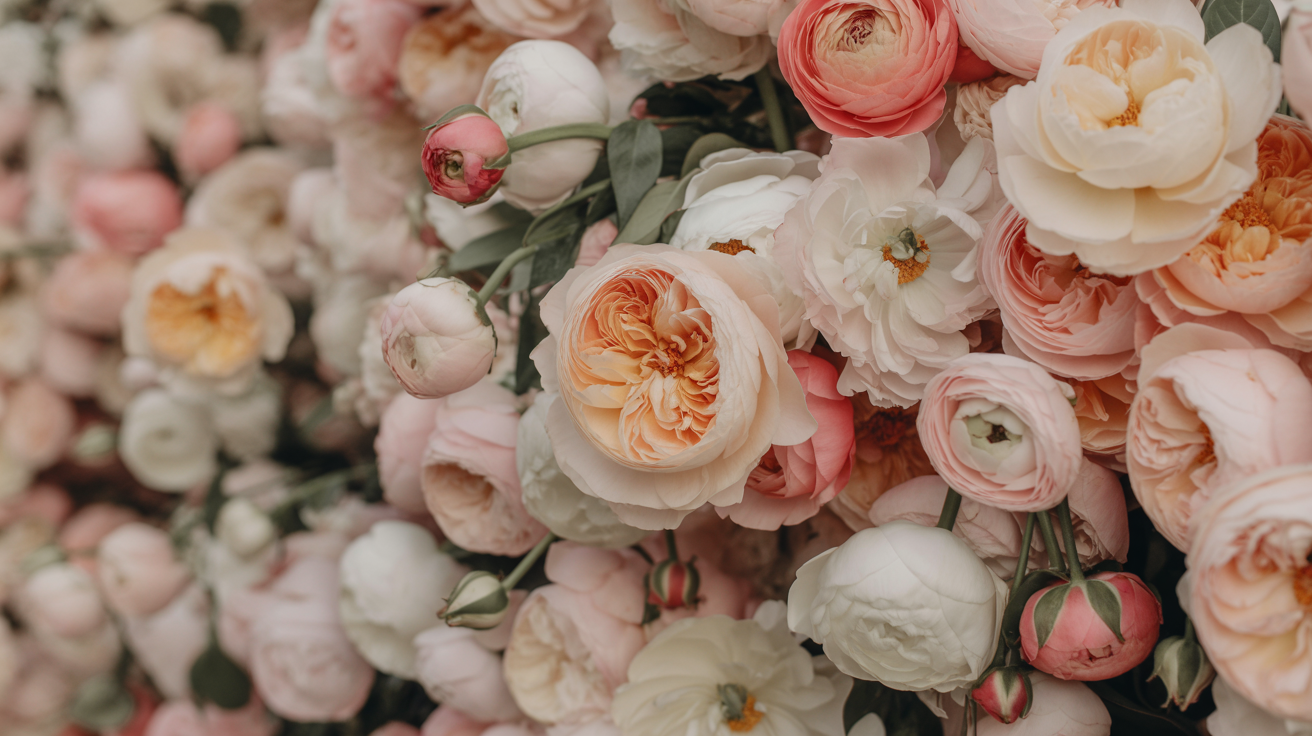 Stunning luxury floral installation with roses and peonies in warm lighting