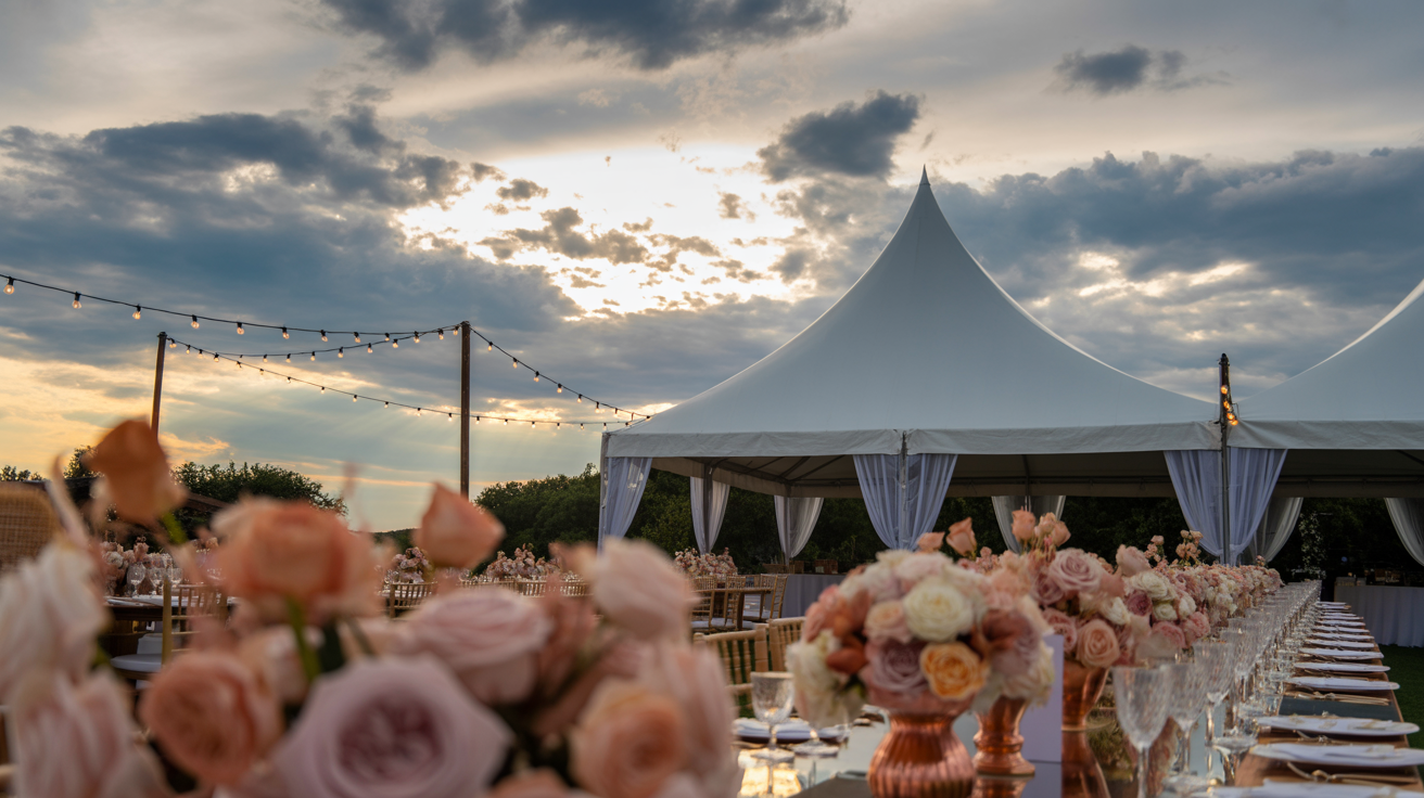 Outdoor wedding ceremony under threatening clouds with an elegant white tent being set up as backup, rose gold tones